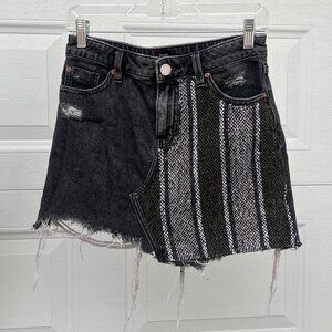 Reworked Black Distressed Denim Cut Off Skirt With Baja Stripe Patch Size Small